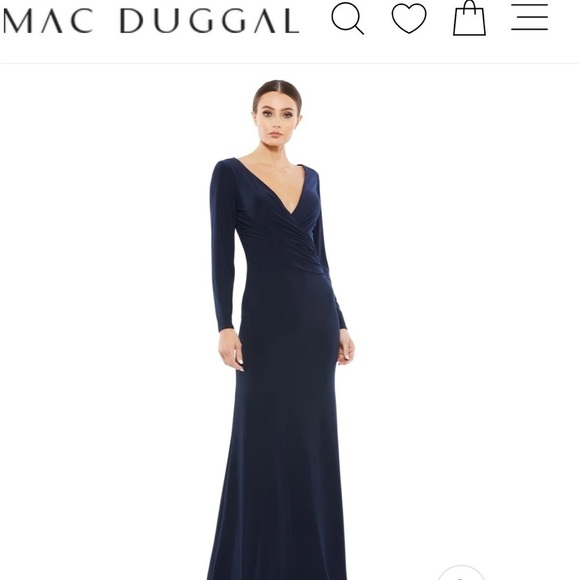Mac Duggal Navy Blue Long Sleeve Ruched V Neck Gown Style #26573 - Picture 5 of 12